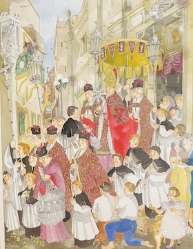 Contemporary School, 'Salutaris hostia', Religious street procession, indistinctly signed and dated '94, ink and watercolour, 59 x 45cm